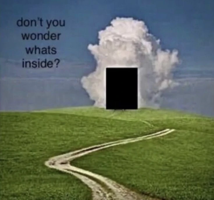 Campo verde com uma porta escura no fundo, com a frase Don't you wonder whats inside?